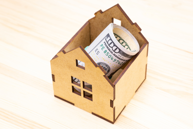 house made of cardboard with cash inside